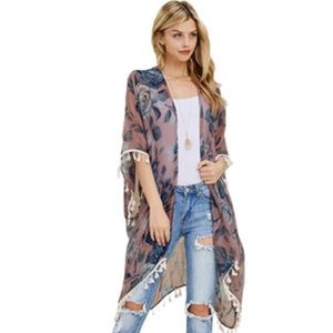 Riah Fashion- Mauve Floral Lightweight Tasseled Kimono Duster